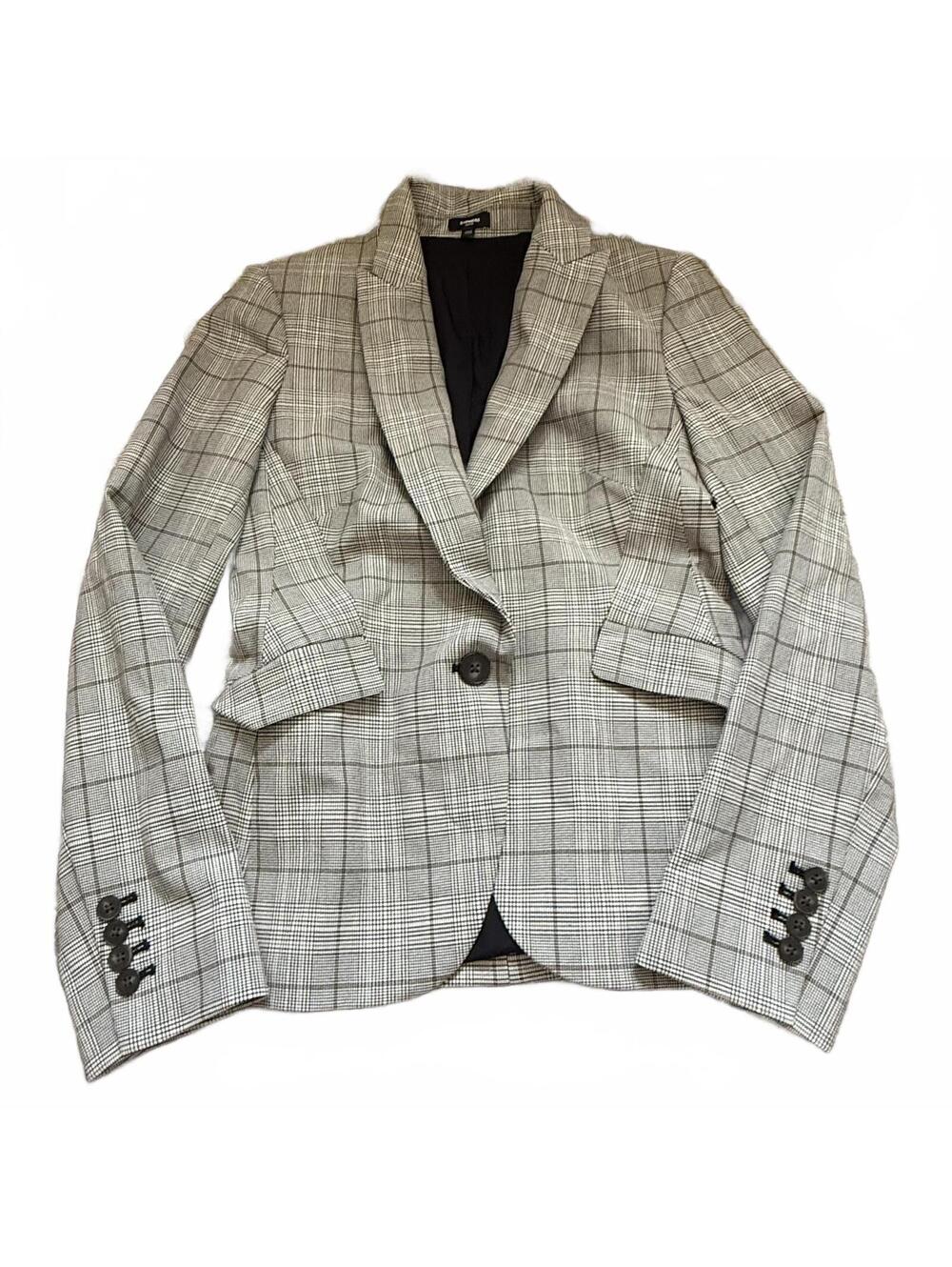 Express Editor Black White Plaid One Button Career Blazer Jacket Size S